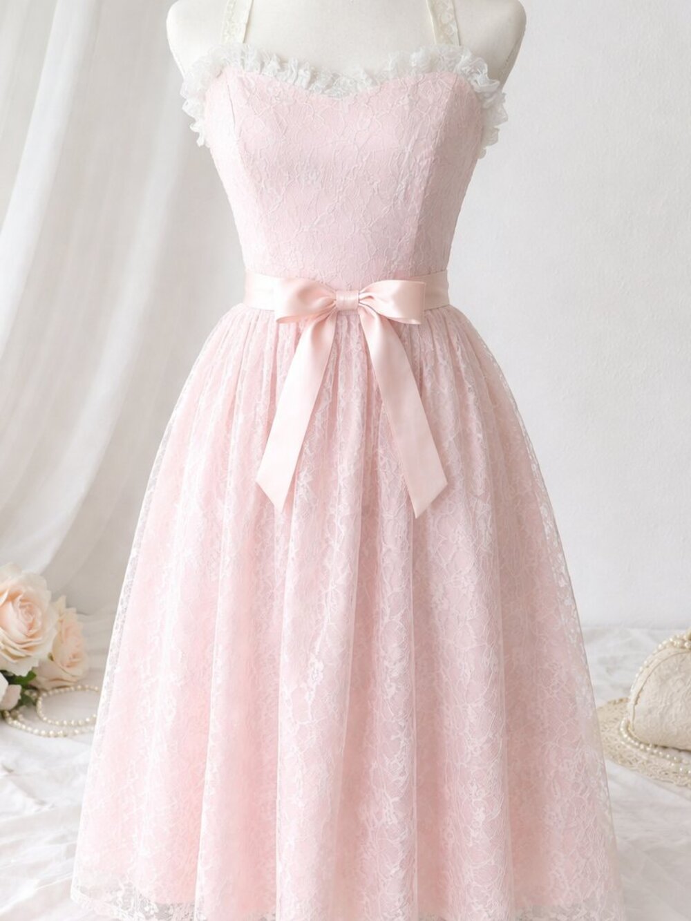 Vintage Jodette of California Pink Lace Halter Midi Dress - Size 9/10